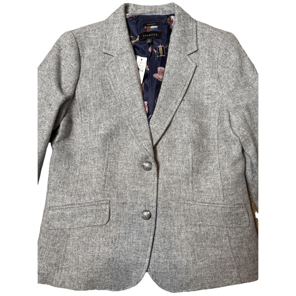 Talbots Herringbone Wool Blend Two Button Blazer Jacket Gray Sz 10 Career Preppy